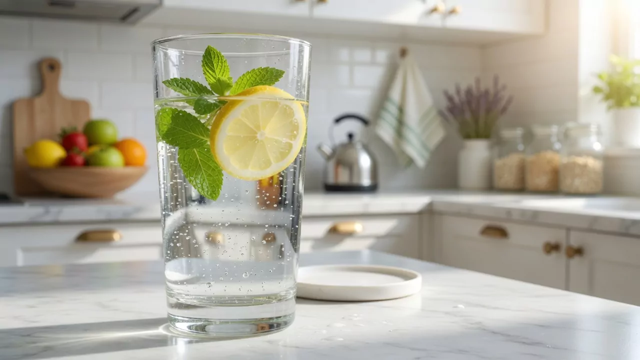 стакан воды с лимоном и мятой на светлом кухонном столе