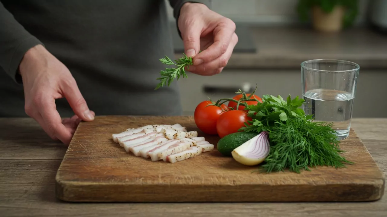 небольшая порция сала на кухонной доске
