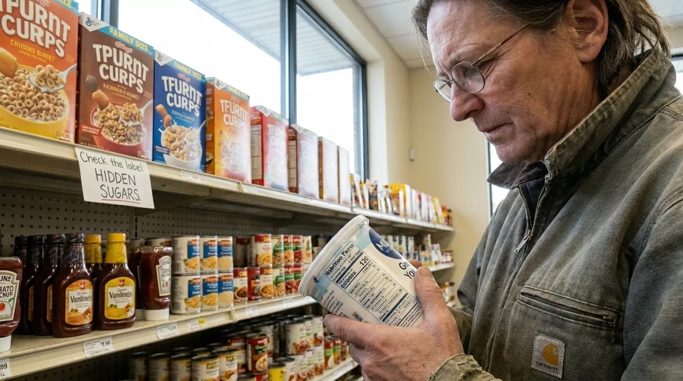 человек читает состав продукта и смотрит на количество сахара