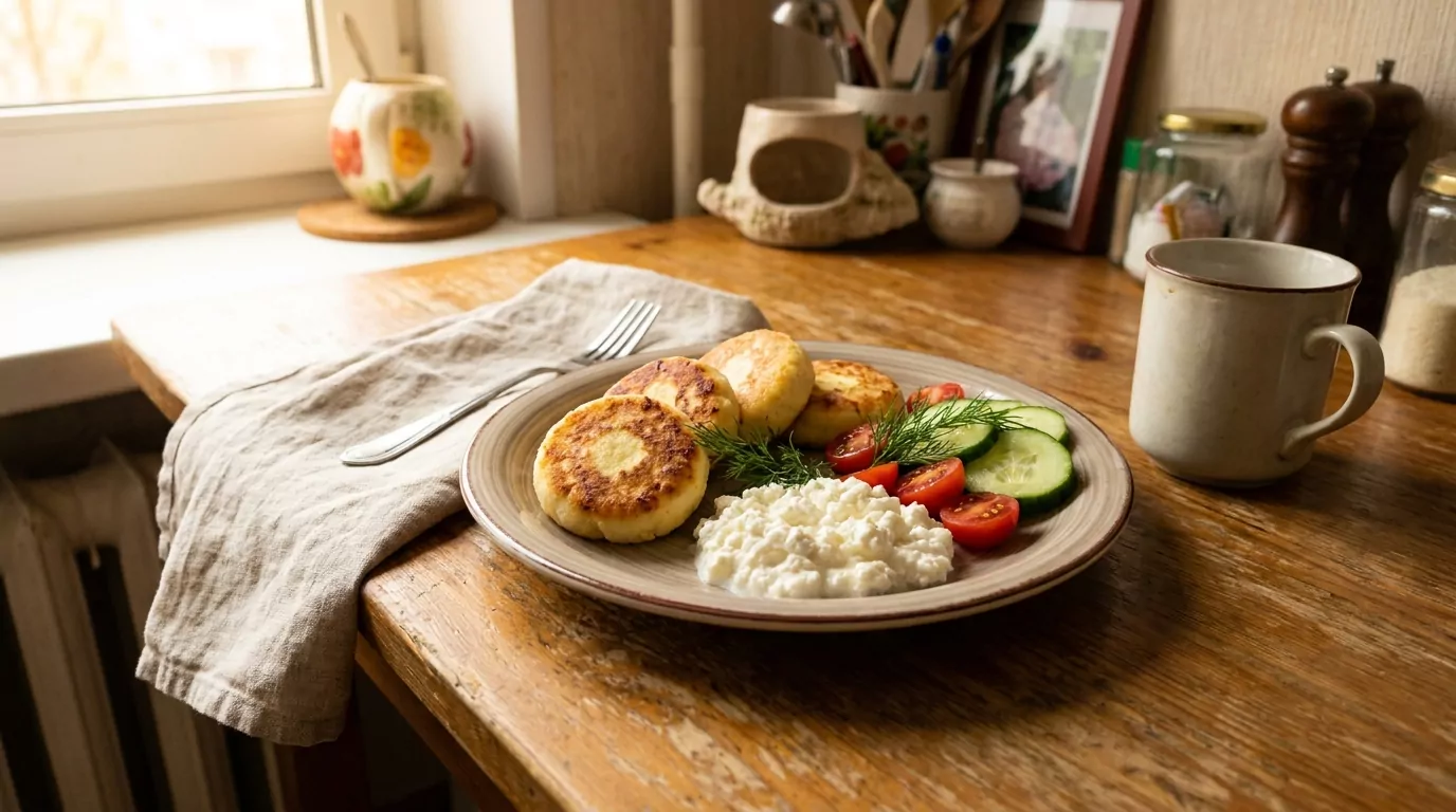 манные лепешки с творогом и овощами на тарелке на домашнем кухонном столе