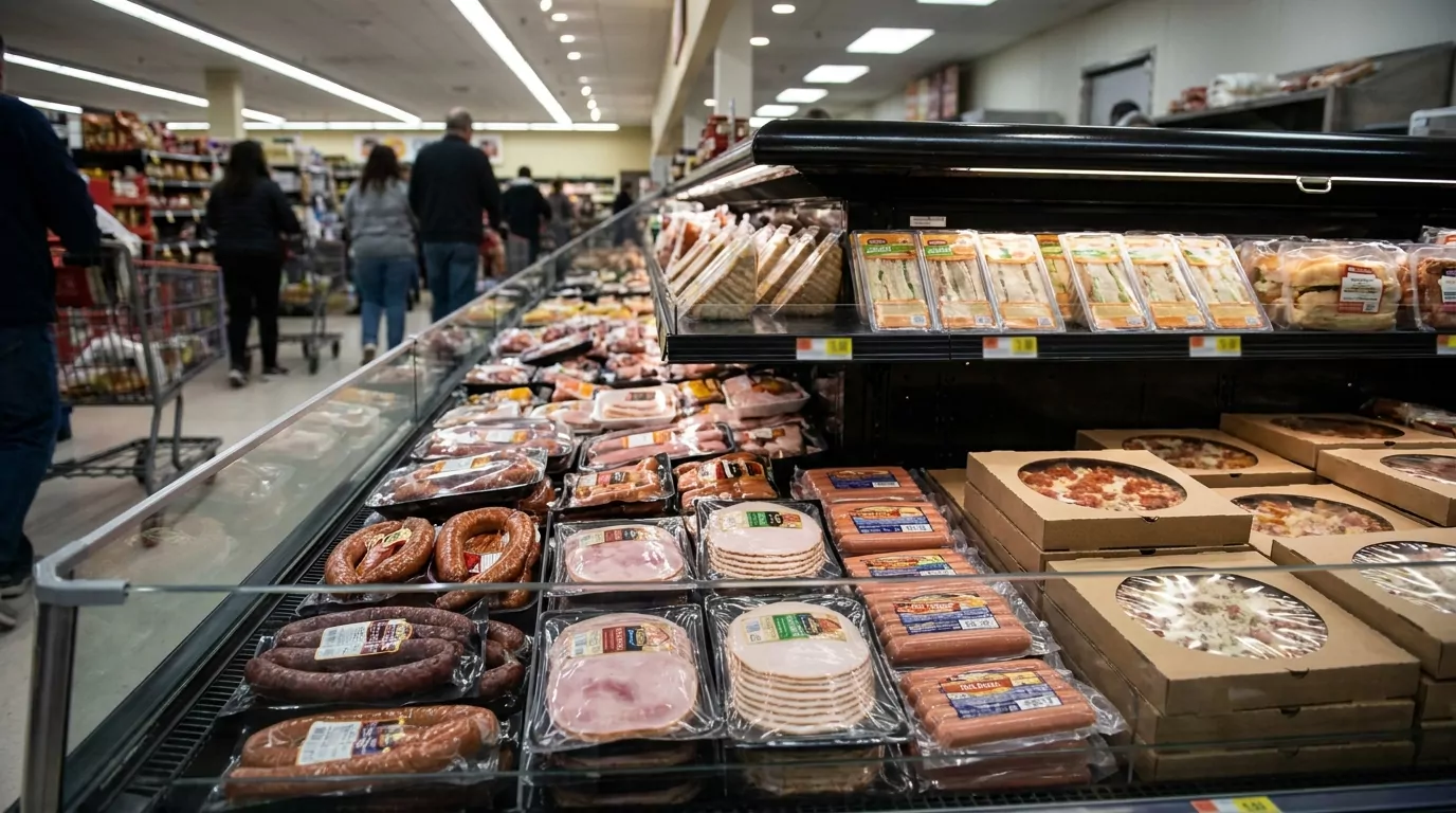 готовые мясные продукты в холодильной витрине магазина