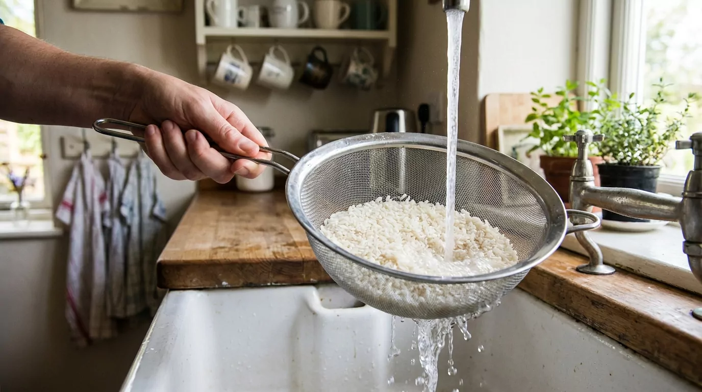 рис промывают в металлическом сите под холодной водой на домашней кухне